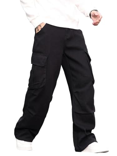 Image of Zewool Mens Casual Wide Leg Denim Cargo Pants Mid Weight Baggy Jeans with Pockets Skater Y2k Hip Hop Streetwear Trousers Relaxed Loose Fit 2000s Skateboard Hiking Travel,A10 Black,XL
