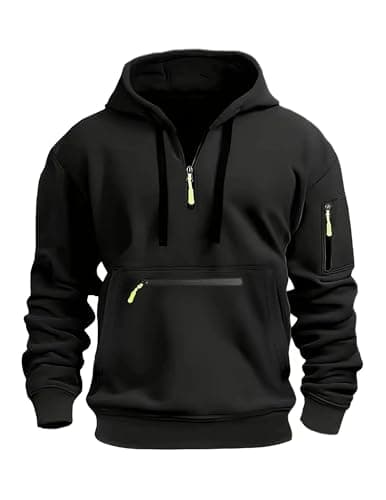 Image of Volemo Mens Hoodies Quarter Zip Hoodie Colour Contrast Hooded Sweatshirt Long Sleeve Hoody Tops with Pocket Black M