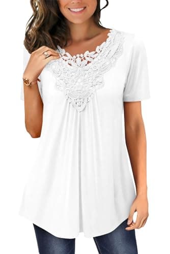 Image of Magritta Women Shirts Ladies Plus Size Summer Tunic Tops Short Sleeve Lace Blouse Fashion Casual Loose Vintage Work Swing Tops White X-Large