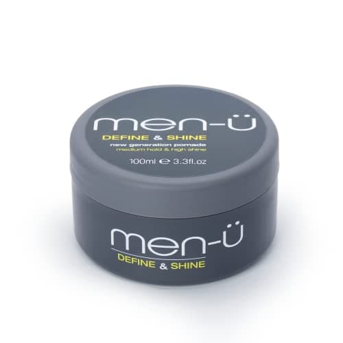 Image of men-u pomade for men DEFINE & SHINE 100ml – Hair pomade w/ medium hold and high shine. Helps tone down grey hair & washes out easily - Mens hair products by men-u, Single walled 100ml styling puck.