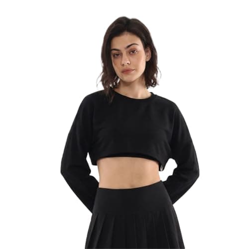 Image of Amazhiyu Womens Cropped Sweatshirt, Solid Long Sleeve Pullover Cropped Short Top Crewneck Oversize Hoodie Casual Black XL