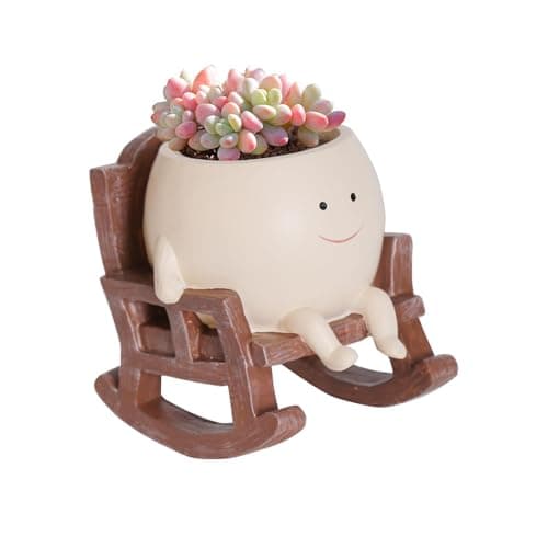 Image of casania Smiley Face Planter Pot Cute Small Rocking Chair Flower Pots Resin Head Planter for Indoor Outdoor Succulent Pots with Drainage Hole Cactus Pot Plant Gift for Women Teacher