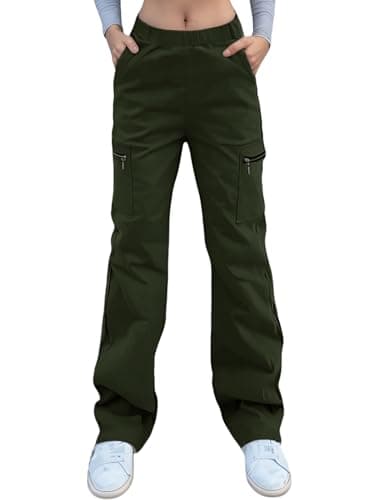 Image of Nuofengkudu Cargo Trousers Women Combat Zipper Pockets Stretch Straight Wide Leg Ladies Elasticated Waist Work Pants Teen Girls Loose Y2K Gothic Vintage Pull on Bottoms Streetwear Casual Army Green M