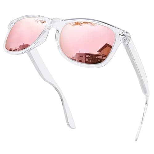 Image of KANASTAL Pink Sunglasses Womens Polarised Mens Mirrored Vintage Classic Mirror Ladies Square UV400 Beach Vacation Fashion Travel - Clear Frame Pink Lens