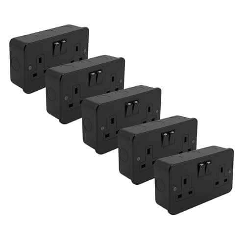 Image of SH|P® Double Switched Socket – 13A Matt Black Metal Clad 2 Gang Plug Outlet with Metal Surface Back Box – Heavy Duty, Modern Finish, BS 1363 Certified (5 Pack)