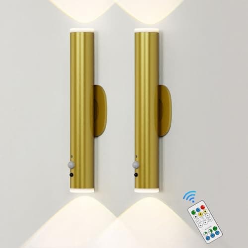 Image of HARPER LIVING Gold Battery Operated Wall Lights with Motion Sensor, Rechargeable Wall Lamp Indoor, Dimmable & 3 Colours, LED Wall Sconce Lights for Living Room Bedroom Hallway Power Cut, (Set of 2)