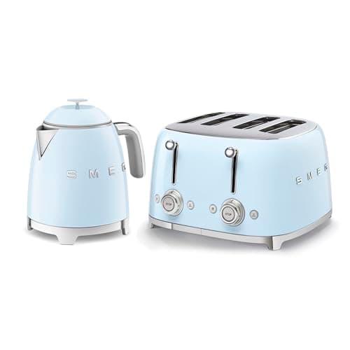 Image of Smeg 50’s Style Retro Range Breakfast Set, 0.8L 1400W Mini Kettle and Multi-Functional Control 4-Slice 2000W Toaster, Pastel Blue, KLF05PBUK/ TSF03PBUK