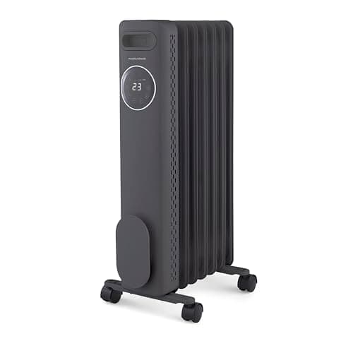 Image of Morphy Richards HeatFlux Digital Oil Filled Radiator 1500W, Remote Control, 15m2 Coverage, Personalised Warmth, Timer, Eco Mode, Auto Switch off, Touch Panel, Cord Storage, Grey, 827502
