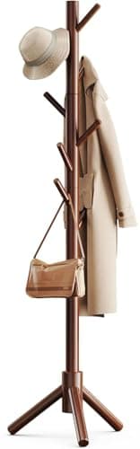 Image of Pipishell Sturdy Wooden Coat Tree with 8 Hooks, 3 Adjustable Sizes for Clothes, Hat Stand Used in Bedroom/Office/Entryway, Brown