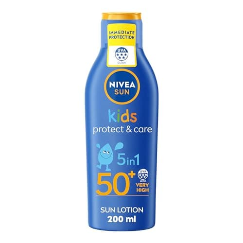 Image of NIVEA Sun Kids Protect & Care SPF 50+ Lotion (200ml), Moisturising Sun Cream Protects Delicate Skin Against Sunburn and Long-Term UV Damage, Fast-Absorbing Sun Lotion