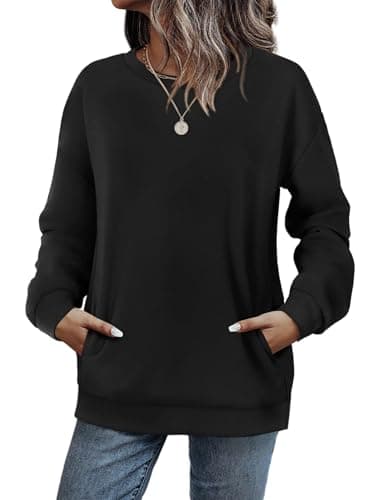 Image of WIHOLL Sweatshirts for Women Jumpers Ladies Oversized Tops Crewneck Long Sleeve Tops with Pocket Black Size 14-16