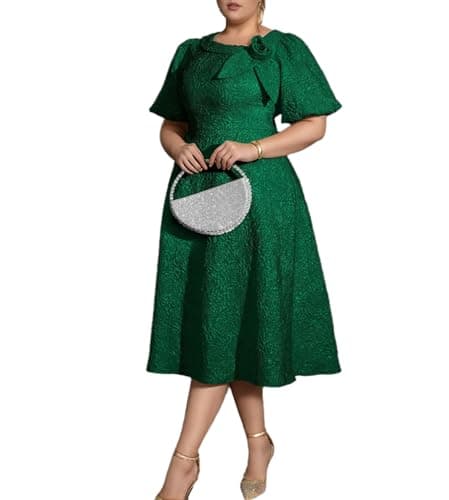 Image of ONTINVA Womens Floral Jacquard Flared Midi Dress Puff Sleeve Valentine Cocotail Formal Party Work A-Line Vintage Dresses (Green,XL)