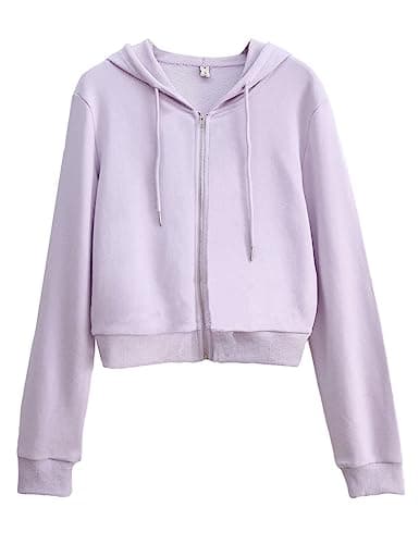 Image of Sukany Women's Casual Cropped Zip Up Hoodie Drawstring Hooded Long Sleeve Workout Sweatshirt Jacket Purple XL