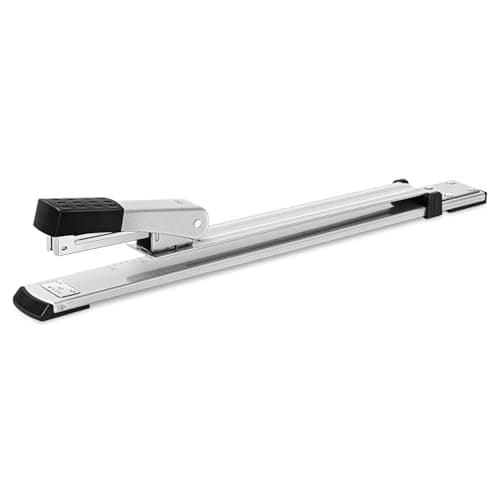 Image of deli Long Reach Stapler, 25 Sheet Capacity Heavy Duty Stapler for Booklet or Paper Binding, Large Metal Long Arm Staplers, Silver