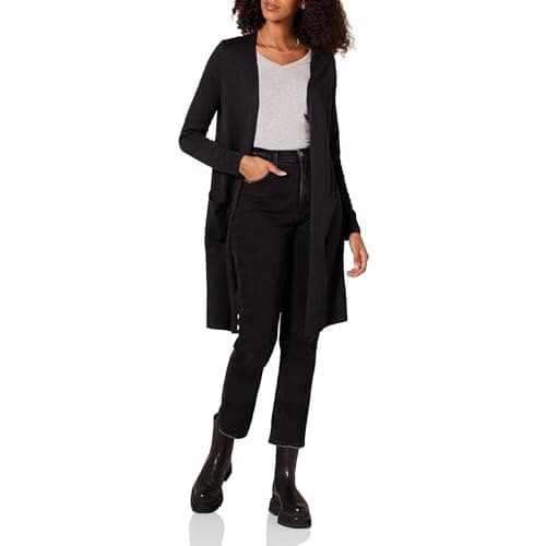 Image of Amazon Essentials Women's Lightweight Longline Open-Front Long Sleeve Cardigan (Available in Plus Size), Black, M