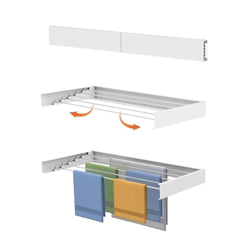 Image of JEMSSESS 100cm Aluminum Wall-Mounted Foldable Clothes Drying Rack, White Retractable Indoor/Outdoor Laundry Airer with White Space-Saver Washing Line & 33lbs Heavy-Duty Capacity