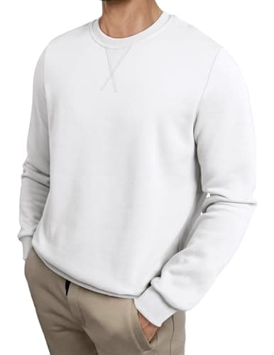Image of Meilicloth Mens Sweatshirts Fleece Pullover Crewneck Soild Color Basic Cotton Jumper Long Sleeve Top White