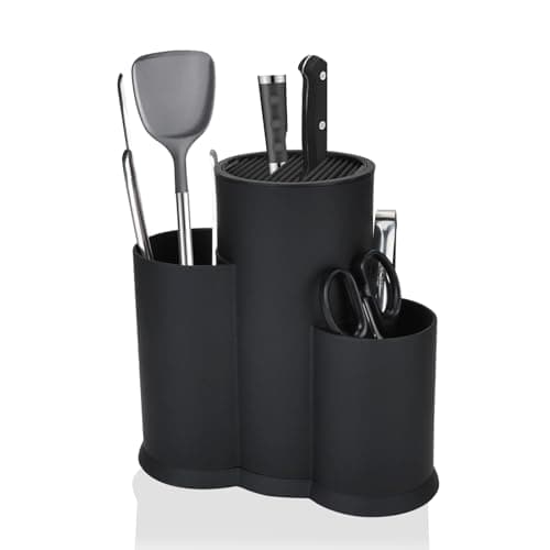 Image of LIUCONGBD 3 in 1 Knife Block Without Knives, Universal Round Knife Holder with Slots, Black Utensil Holder Space Saving Knife Storage Suitable for All Kitchen Accessories on the Countertop