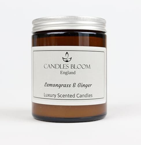 Image of Lemongrass & Ginger 180ml Amber Jar Scented Candles - 35 Hour Burn Time - Eco & Vegan Friendly