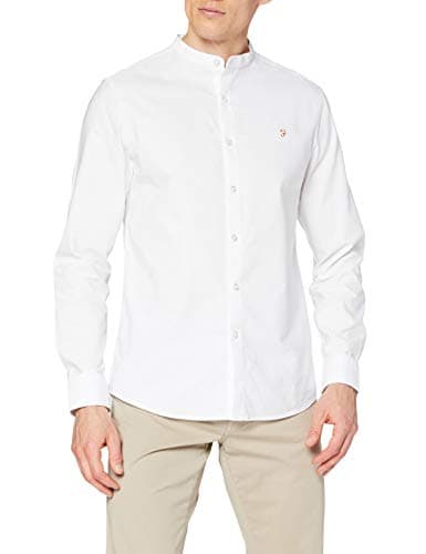 Image of Farah - Men's Shirt, Brewer Grandad Shirt, Organic Cotton, Indigo Oxford Shirt, Casual-Style Shirt, White, XS