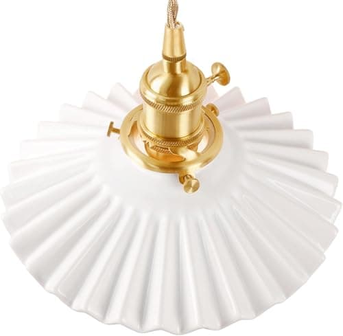Image of Shenmoyl Pendant Light with White Pleated Ceramic Lampshade, Brass Vintage Pendant Light Adjustable Hanging Light for Kitchen Island Dining Room Hallway 7.87 Inch Diam