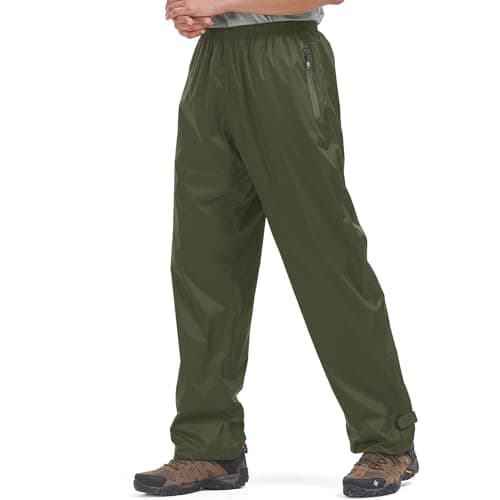 Image of mosingle Men's Waterproof Trousers Lightweight Breathable Rain Overtrousers with Zip Pockets, Waterproof Over Pants for Golf Hiking Outdoor Fishing Cycling #1088-Army Green-XXL
