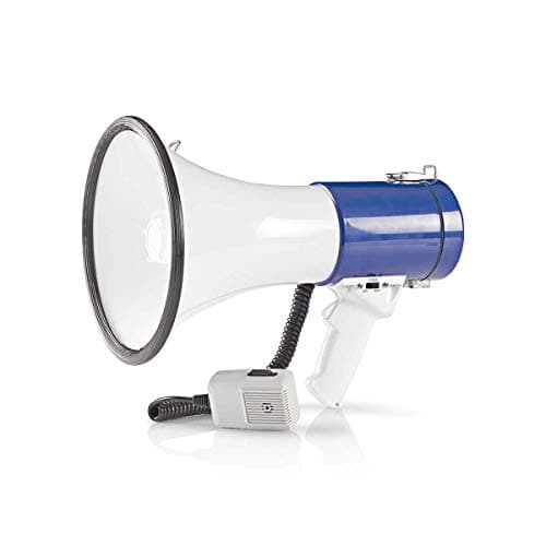 Image of Ex-Pro Professional 25W Super Loud Megaphone with Detachable Handheld Microphone, Built-In Siren, Adjustable Volume and Shoulder Strap - 1500 Meter Range - White/Blue