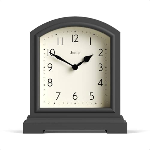 Image of Jones Clocks® Tavern mantel clock | Small modern arch top design | Dark grey | Contemporary classic style for desk, table, shelf or bedside