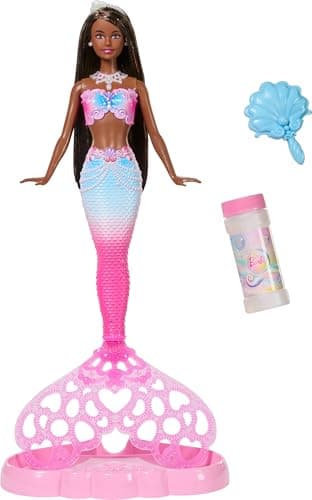 Image of Barbie Bubble Sparkle Mermaid Doll with Bubble-Making Feature & Solution, Tray & Hairbrush, Plus Long, Color-Streaked Brunette Hair, JNM73