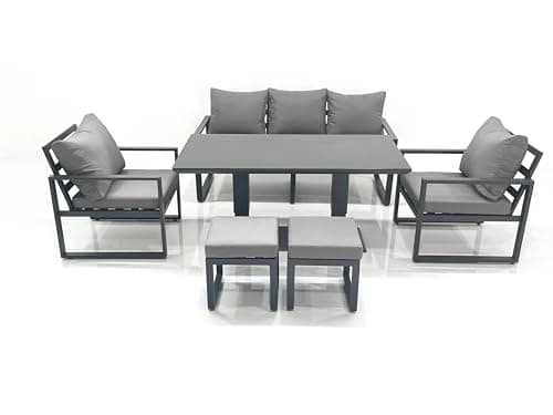 Image of FMSGarden Outdoor Aluminium Garden Furniture Set with Adjustable Rising Lifting Dining Table 3 Seater Sofa 2 Chair 2 Small Footstools Dark Grey