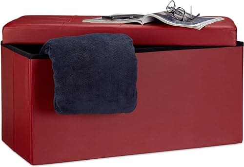 Image of Artistic Fashionista Limited Faux Leather Ottoman Storage Box with Lid, Multi-Purpose Foldable Footstool Rest Seat Storage Stool Toys box Chest Bench Blanket Linen Laundry Box (Red, Large - 76x38cm)
