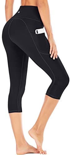 Image of IUGA Yoga Pants for Women Cropped Leggings with Pockets High Waist Gym Leggings for Women 3/4 Running Black