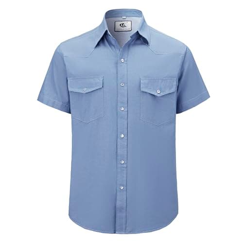 Image of COEVALS CLUB Mens Denim Shirts Short Sleeve Smart Casual Stylish Holiday Button Down Up Soild Work Shirts(1# Light Blue XL)