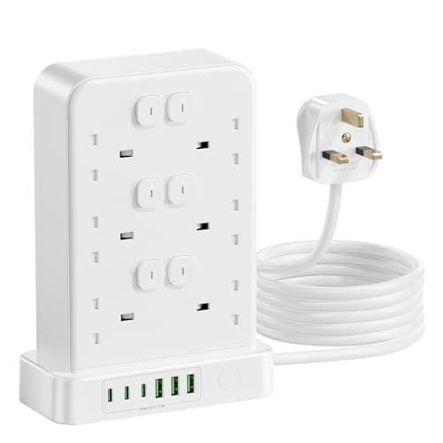 Image of Tower Extension Lead with USB Slots, 12 Way 13A 3250W Power Strip with 12 Individual Switches, 3 USB-C and 3 USB-A Ports, 2M Extension Cable, Fused UK Plug Multi Socket for Home Office Desk