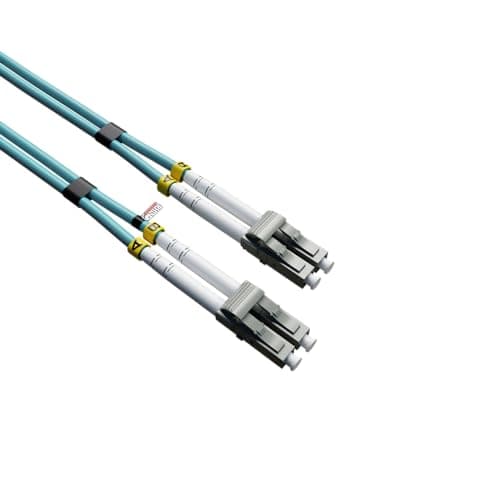 Image of rhinocables OM4 LC Fibre Optic Cable – 50/125µm Multi-Mode | Aqua LSZH Jacket for Safety | 850nm & 1300nm Wavelength | Optical Lead for Network Transceivers, SFP Modules & Ethernet Devices (50cm)