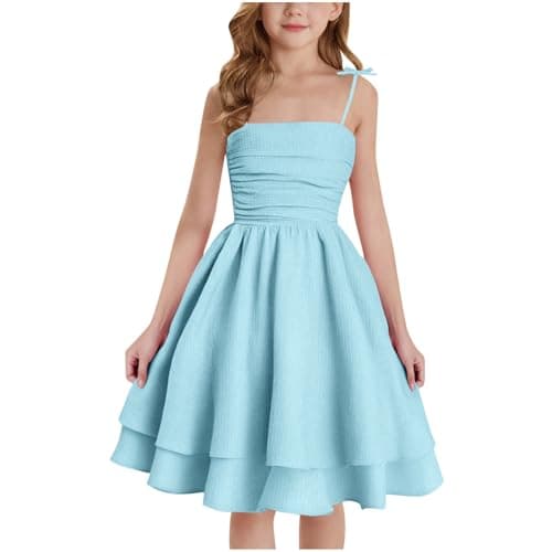 Image of duxyoz Girl's Summer Dresses Spaghetti Strap Swing Pleated Cotton Dress Tween Kids Flowy Front Ruched Boho Beach Casual Midi Sundress for Princess Birthday Party Wedding Prom Gown Blue 10-11 Years