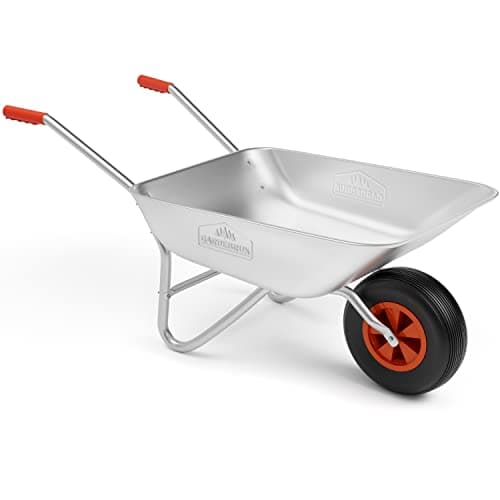 Image of GARDEBRUK® Heavy Duty Wheelbarrow 80L | Pneumatic Tyre | 100KG Max Capacity | Steel Rim | Durable Garden Trolley for Transporting Grass Seed, Garden Tools, Compost, Mulch, Gravel | Silver & Red