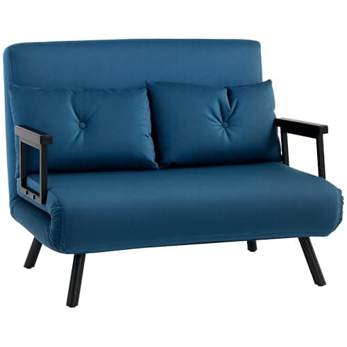 Image of HOMCOM 2 Seater Sofa Bed, Click Clack Convertible Bed Settee, Modern Velvet Feel Fabric Sofa Couch with 2 Tufted Cushions, Wood Armrests for Living Room, Bedroom, Guest Room, Navy Blue