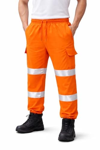 Image of NFK Men’s Hi Vis Work Joggers – Reflective Fleece-Lined Safety Trousers with Reinforced Knees, Multi-Pocket Cargo Pants for Construction & Site Work (2XL, Orange)