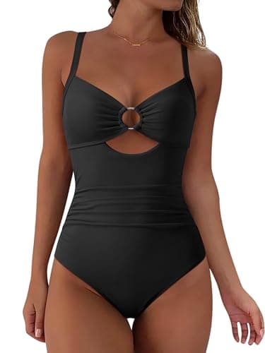 Image of DOULAFASS Women O Ring Cutout Slimming Tummy Control Swimming Costume Crisscross Back Tie Swimsuit One Piece Backless Shape Swimwear Black