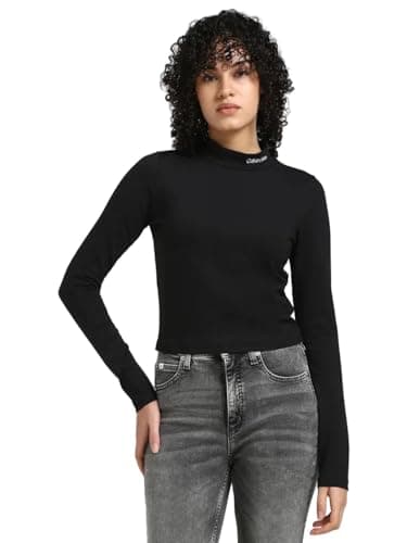 Image of Calvin Klein Women’s Elastic Milano Logo Mock Neck Long Sleeve Top, Black (Ck Black), S