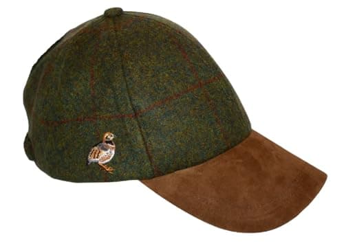 Image of PJ Powell Mens Leather Peak Tweed Baseball Cap Embroidered Countrywear Hunting and Shooting (UK, Alpha, One Size, Partridge Olive)