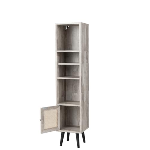 Image of SFAREST 137CM Tall Narrow Bookcase, Wooden Freestanding Bookshelf with 12-Position Adjustable Shelf & Cabinet, Slim Corner Display Storage Shelving Units for Living Room Bedroom Office (Grey)