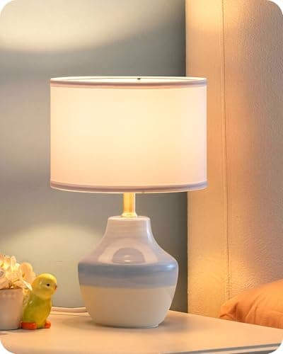 Image of EDISHINE 11.8" Ceramic Table Lamp, Light Blue & Cream Base, Modern Bedside Table Lamp with TC Fabric Shade, Bedside Lamp for Bedroom, Living Room, E14 2700K LED Bulb Included, On-Off Line Switch