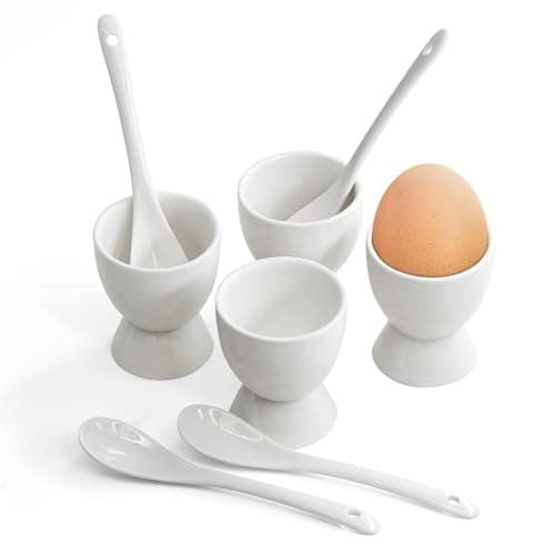 Image of 8 Piece Breakfast Set 4 x Egg Cup Holders & 4 x Spoons White Porcelain Ceramic
