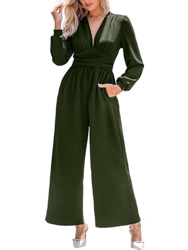 Image of CUPSHE Womens Jumpsuit Plunging V Neck Long Puff Sleeve Overall Wide Leg Elegant Playsuit with Pockets