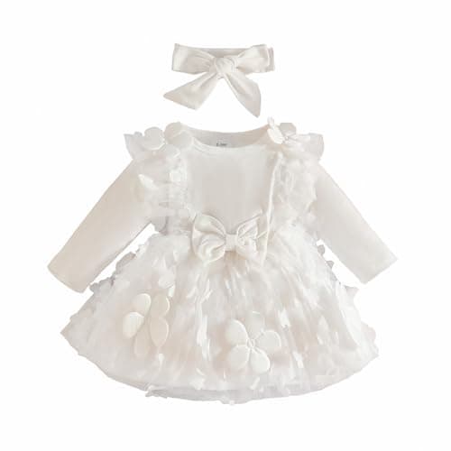 Image of QUNERY Baby Girl Clothes Flower Dress Long Sleeve Butterfly Princess Wedding Birthday Party Bowknot Dresses for Infant Girl White 6-12 Months