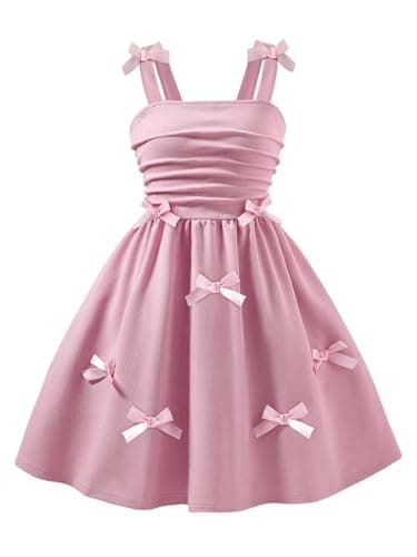 Image of GORGLITTER Girl's Bow Sleeveless Swing Midi Cami Dresses Ruched Flared Flowy Summer Party Sundress Aged 8-12 Years Pink Bow 10Y