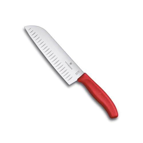 Image of Victorinox Swiss Classic Santoku Knife, Asian-Style Knife, Extra-Sharp Blade, Bevelled Edge, 17 cm, Stainless Steel, Blister, Red