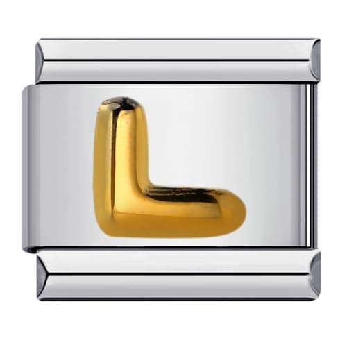 Image of Mon & Sons A - Z Yellow Gold Letter Initial Name Alphabet Personalised Birthday Charm Silver 9mm Italian Link Compatible With Modular Bracelet (L Gold)